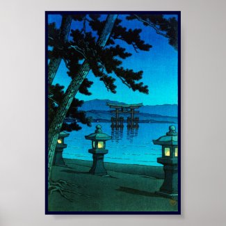 Cool japanese moonlit night gate sea hasui kawase posters