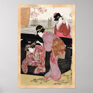 Cool japanese ukiyo-e trio geisha lady scroll print