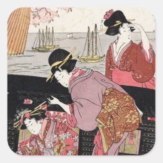 Cool japanese ukiyo-e trio geisha lady scroll sticker