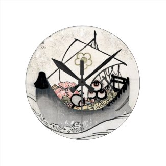 Cool japanese vintage ukiyo-e myth legend boat art round wall clocks