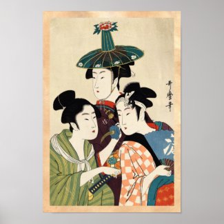 Cool japanese vintage ukiyo-e trio lady geisha art print