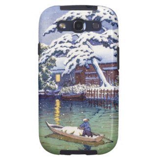 Cool japanese winter snow lake boat fisherman scen galaxy SIII cases