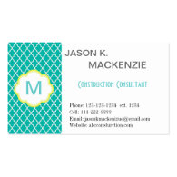 Cool, modern teal quatrefoil monogram professioanl business card