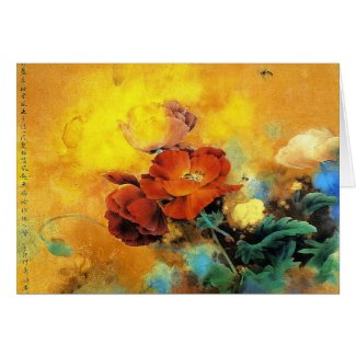 Cool oriental chinese red poppy flower watercolor card