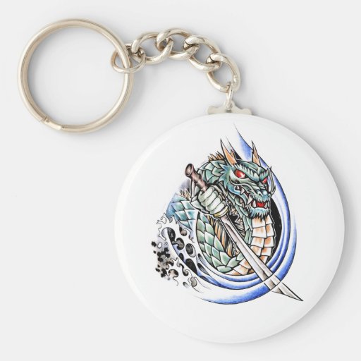 Cool Oriental Dragon with Sword tattoo Key Chains