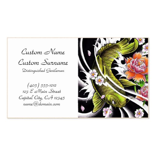 Cool oriental japanese black ink lucky koi fish business card (front side)