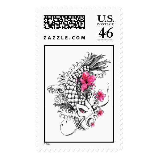 Cool Oriental Japanese Black Koi Pink Lotus Postage