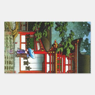 Cool oriental japanese classic temple rain art rectangle sticker