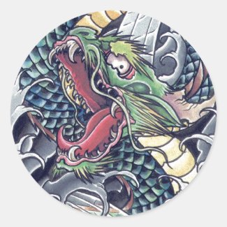 Cool oriental japanese dragon god tattoo storm round sticker