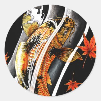Cool oriental japanese Gold Lucky Koi Fish tattoo Round Stickers