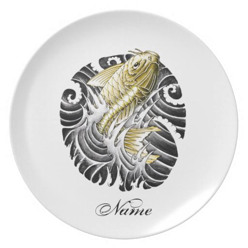 Cool Oriental Japanese Golden Koi Black Ink Water Dinner Plates