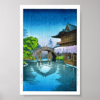 Cool oriental japanese Kameido Shrine lake rain Posters
