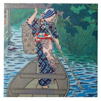Cool oriental japanese river boat fishing woman tiles