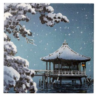 Cool oriental japanese river side winter scene art tiles