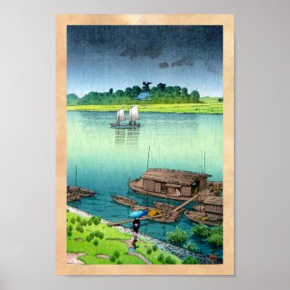 Cool oriental japanese scenery river side rain art print