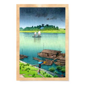 Cool oriental japanese scenery river side rain art print