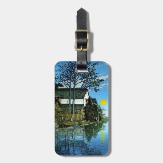 Cool oriental japanese sunrise village lake boats tags for bags