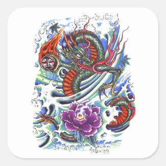 Cool Oriental Water Dragon Lotus Square Sticker