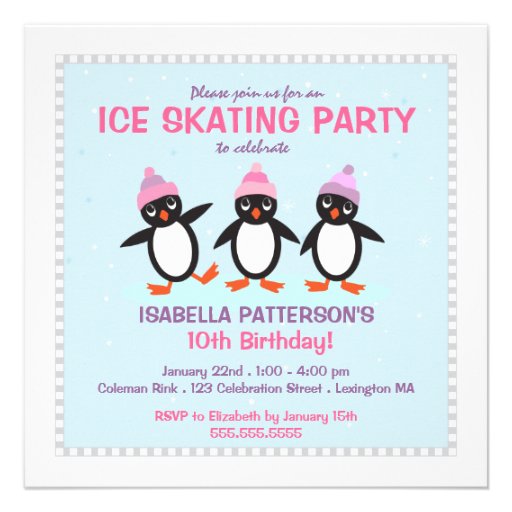 Cool Penguin Ice Skating Birthday Party Invitation