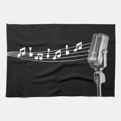 Cool Retro Mic Musical Notes Black Hand Towels by GroovyGraphics