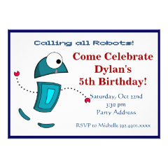 Cool Robot Birthday Party Invitations Blue