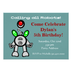 Cool Robot Birthday Party Invitations Teal