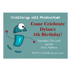 Cool Robot Birthday Party Invitations Teal