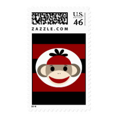 Cool Sock Monkey Beanie Hat Red Black Stripes Postage Stamps