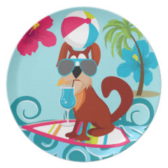 Cool Surfer Dog Surfboard Summer Beach Party Fun Dinner Plate