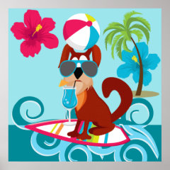 Cool Surfer Dog Surfboard Summer Beach Party Fun Print