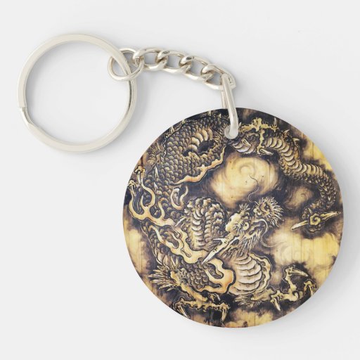Cool traditional japanese oriental dragon wood art acrylic keychains