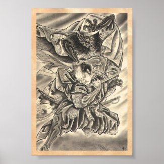 Cool vintage japanese demon samurai fight tattoo print
