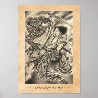 Cool vintage japanese samurai demon fight tattoo poster