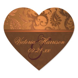 Copper and Brown Damask Heart Shaped Sticker sticker