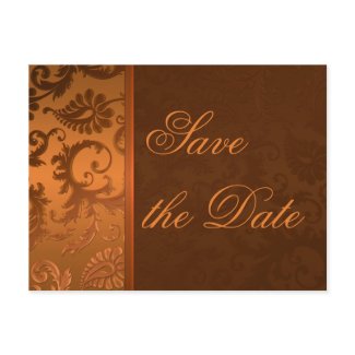 Copper and Brown Damask Save the Date Postcard postcard
