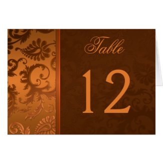 Copper and Brown Damask Table Number Card zazzle_card