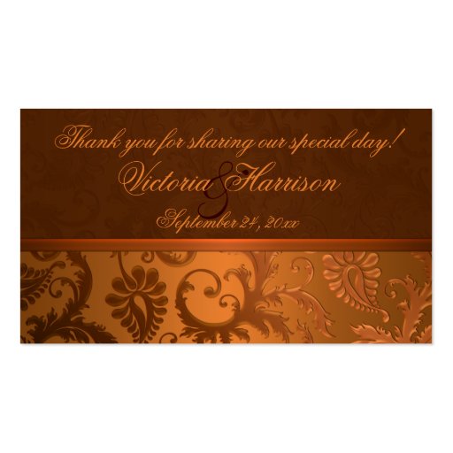 Copper and Brown Damask Wedding Favor Tag Business Card (front side)