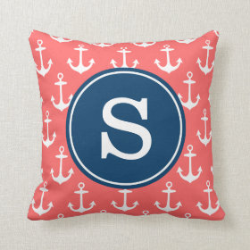 Coral Anchor Pattern with Navy Monogram Pillow