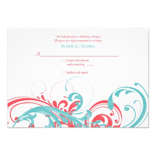 Coral and Aqua Floral Wedding Reply Card Personalized Invitation (front side)