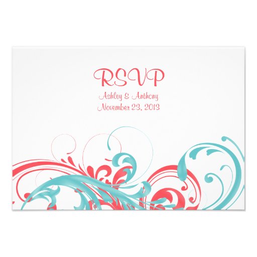 Coral and Aqua Floral Wedding Reply Card Personalized Invitation