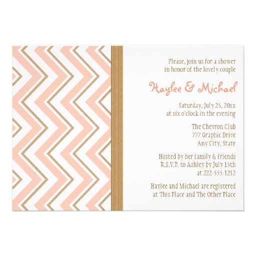 Coral and Gold Chevron Couples Wedding Shower Personalized Invite (front side)
