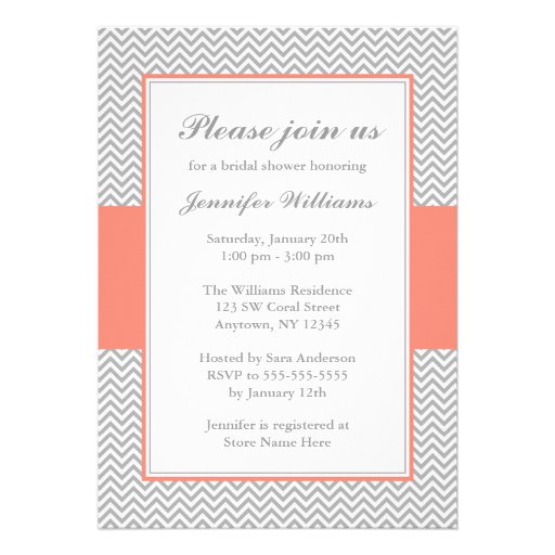 Coral and Gray Chevron Bridal Shower Card (front side)