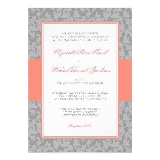 Coral and Gray Damask Swirl Wedding Invitation (front side)