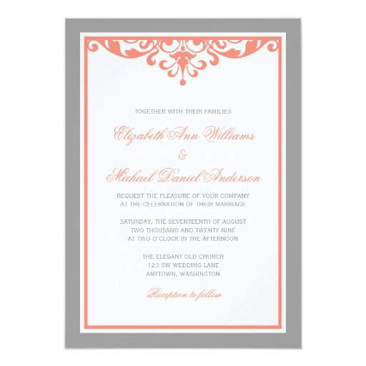 Coral and Gray Flourish Wedding Invitations (front side)
