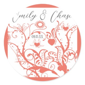 Coral and Grey Love Bird Swirls Wedding Stickers sticker