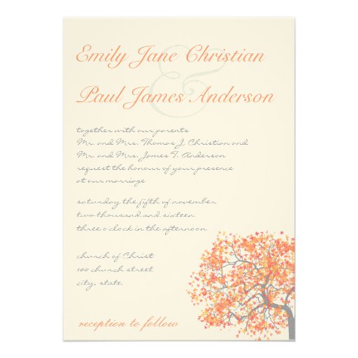 Coral and Gray Romantic Tree  Wedding Invitation