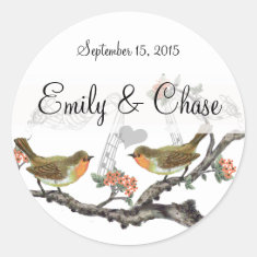 Coral and Gray Vintage Birds Wedding Stickers