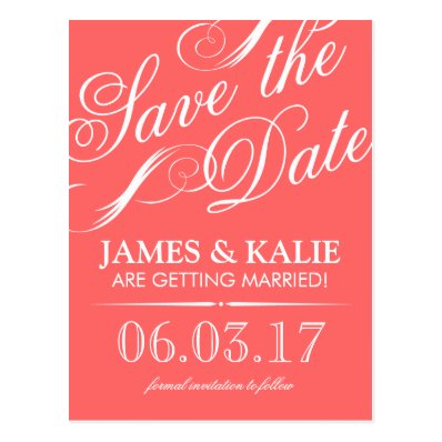 Coral and Gray Vintage Script Save the Date Postcards