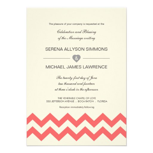 Coral and Ivory Chevron Wedding Invitations (front side)