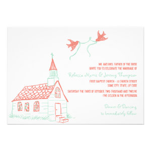 Coral and Mint Chapel Wedding Invitation